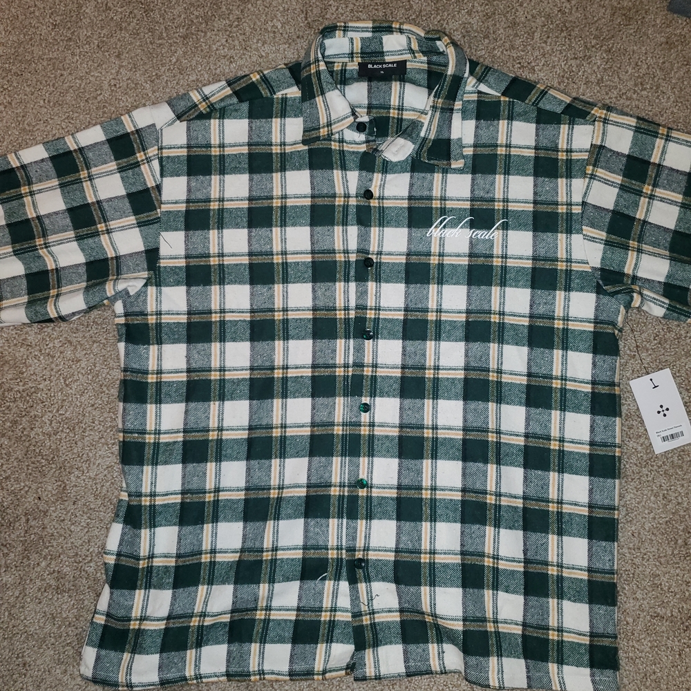 Black Scale Green and White Plaid Button Down Shirt